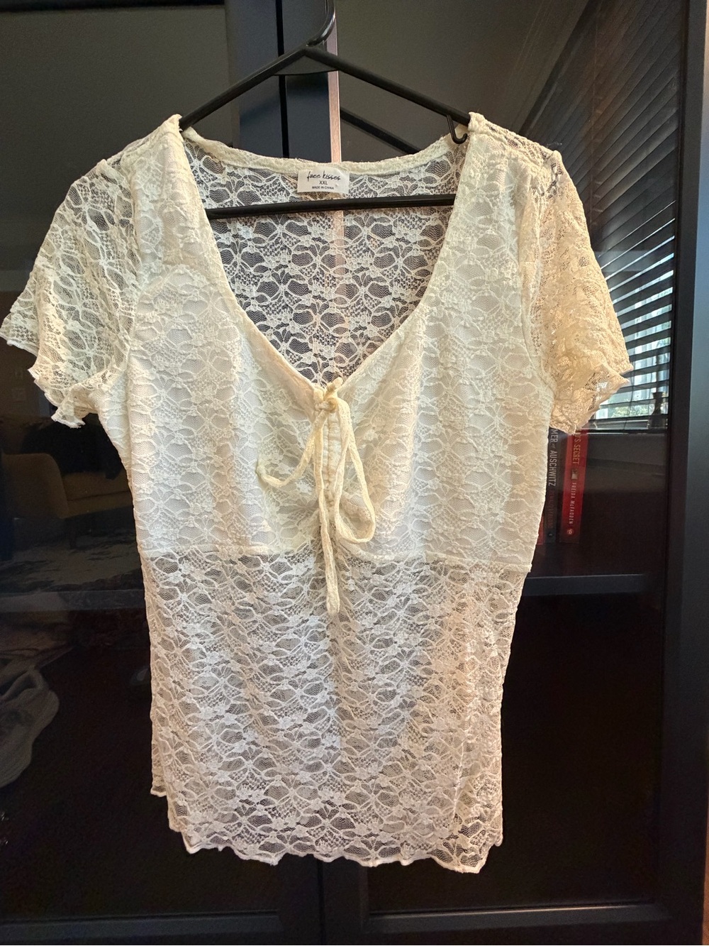 Free Kisses Cream Lace Tie-Front Short Sleeve Top